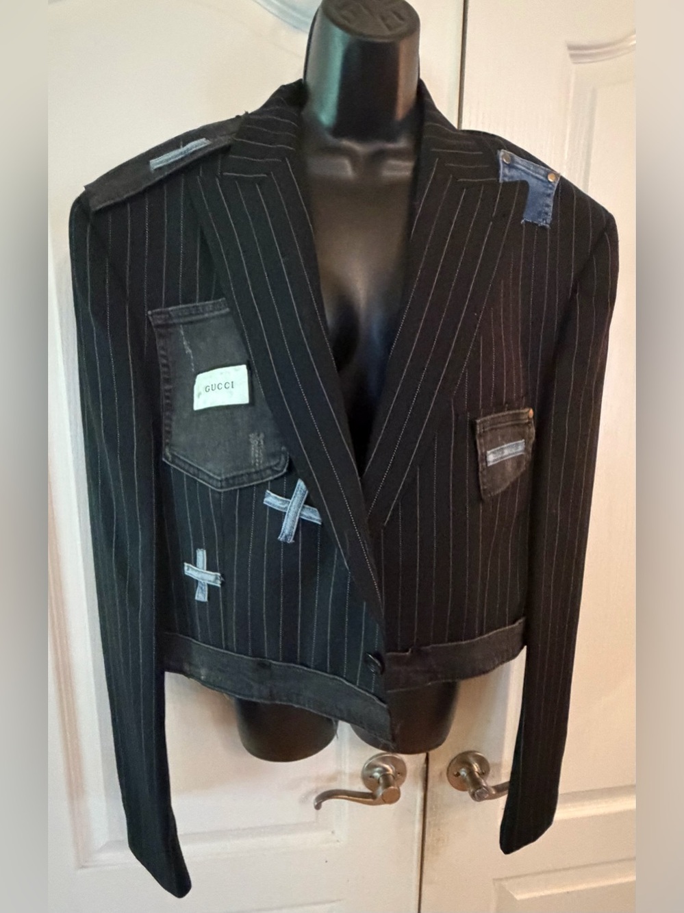 Upcycled  Black Pinstriped Cropped Blazer with Denim Patch Accents size 2X - Picture 3 of 4